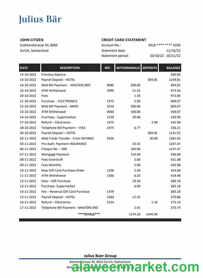 Switzerland Julius Bar bank statement xls